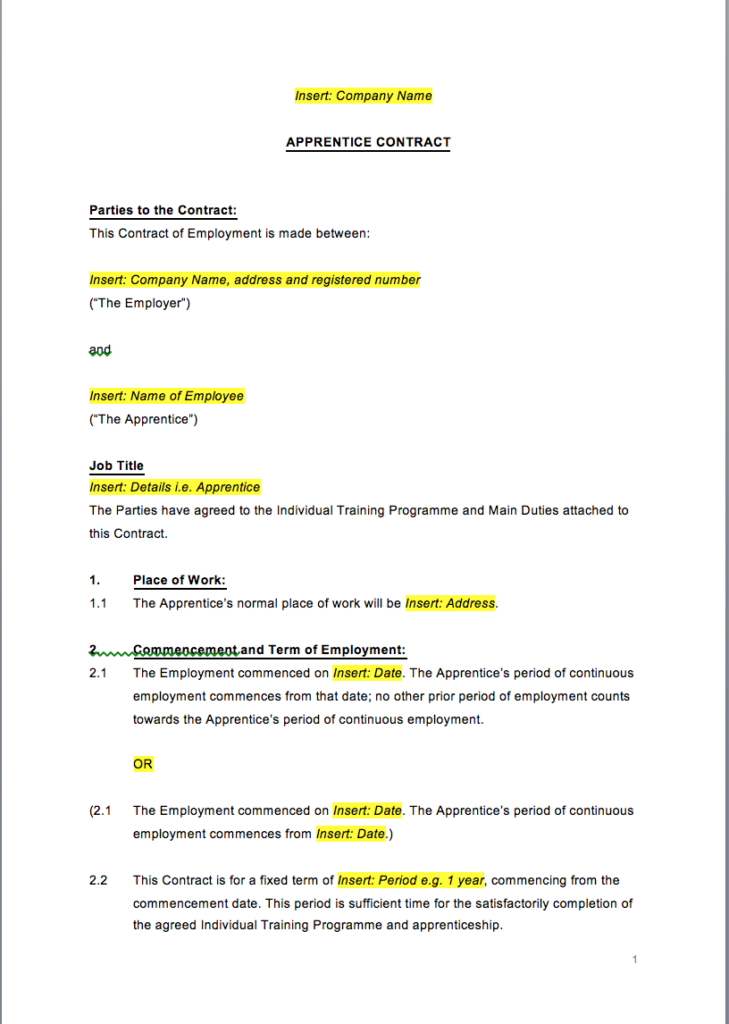 free apprenticeship contract of employment template
