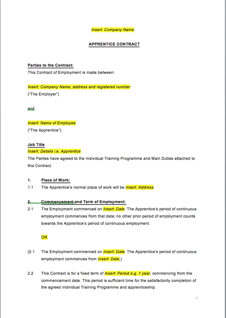 Free Apprenticeship Contract Of Employment Template Printable Templates