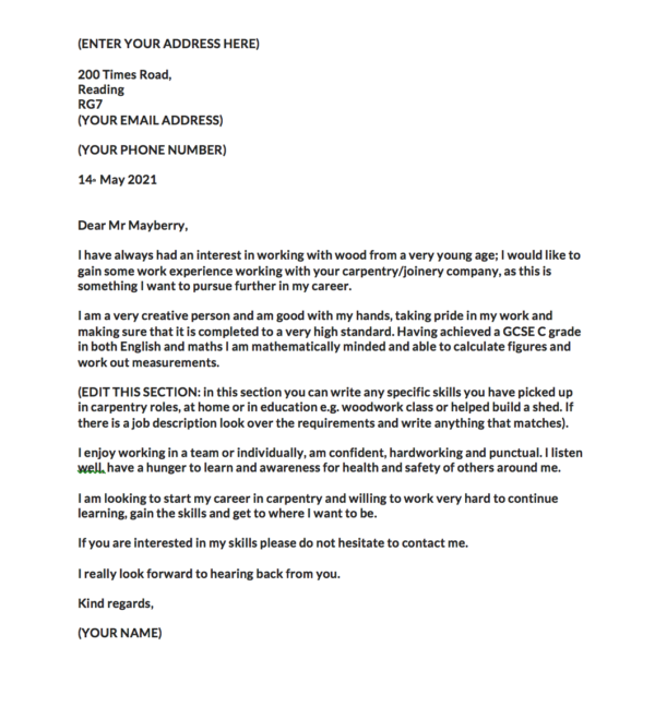 Cover Letter For Carpenter Apprentice Example Template - Downloadable