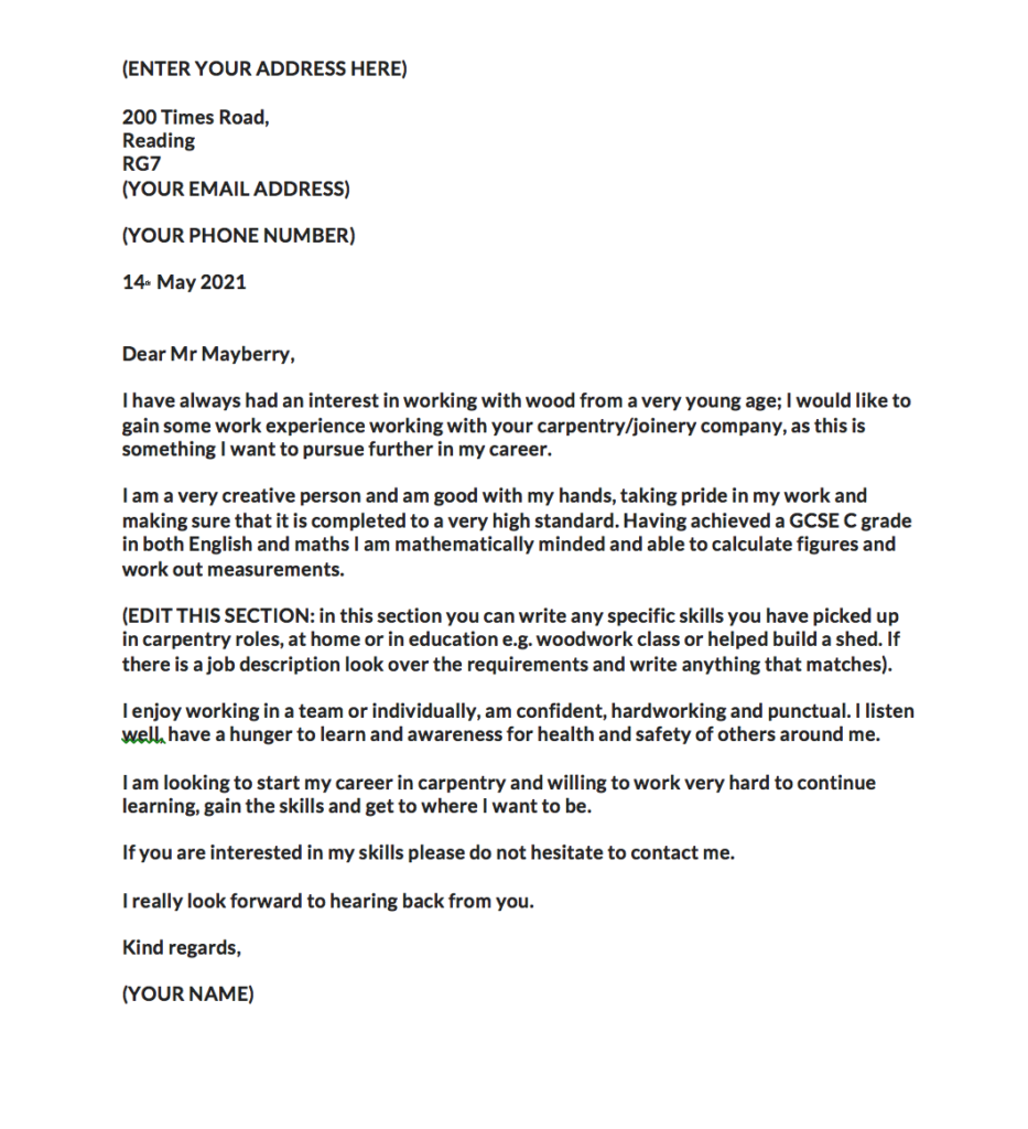 Cover Letter For Carpenter Apprentice Example Template Downloadable