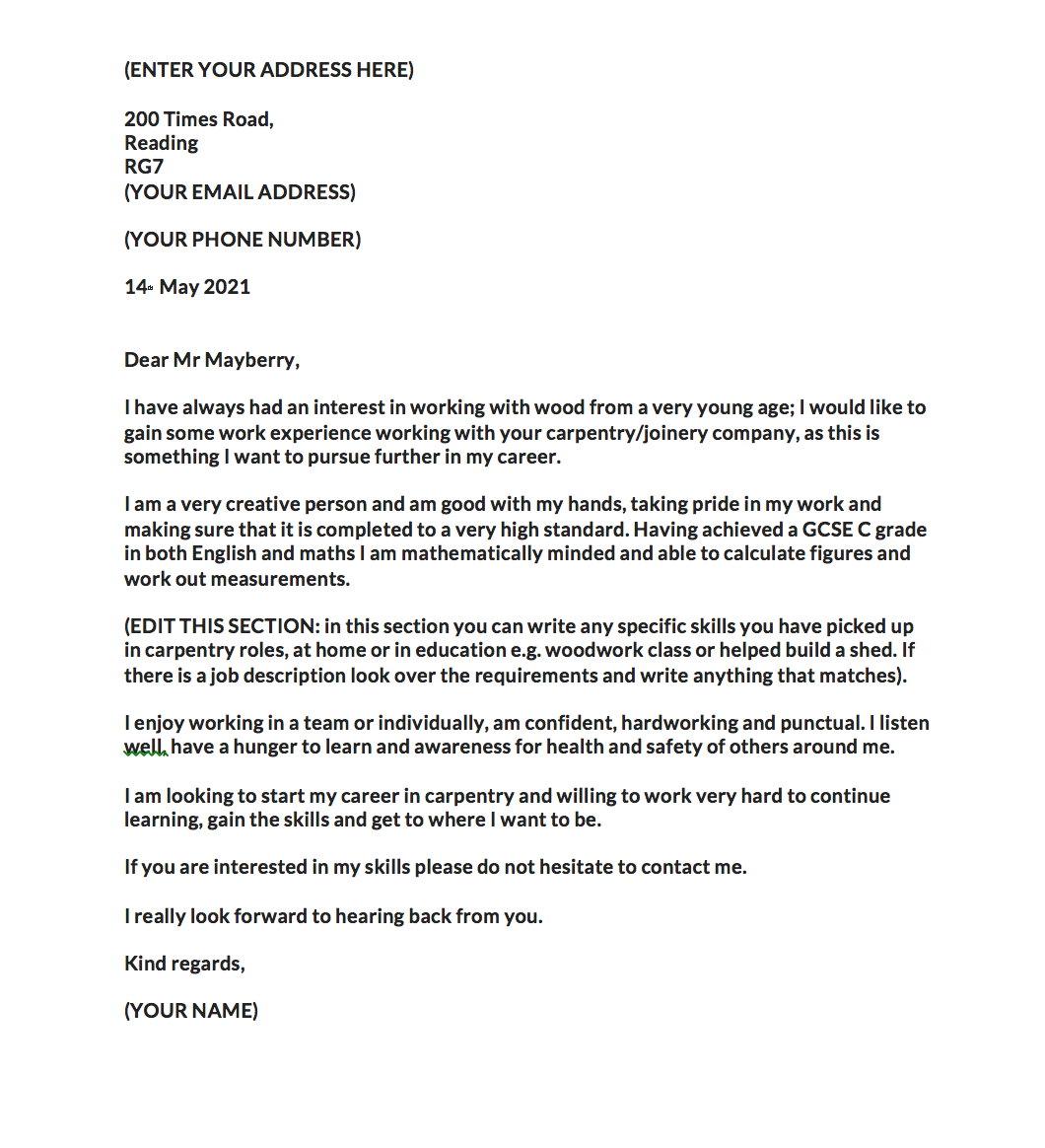 Cover Letter For Carpenter Apprentice Example Template