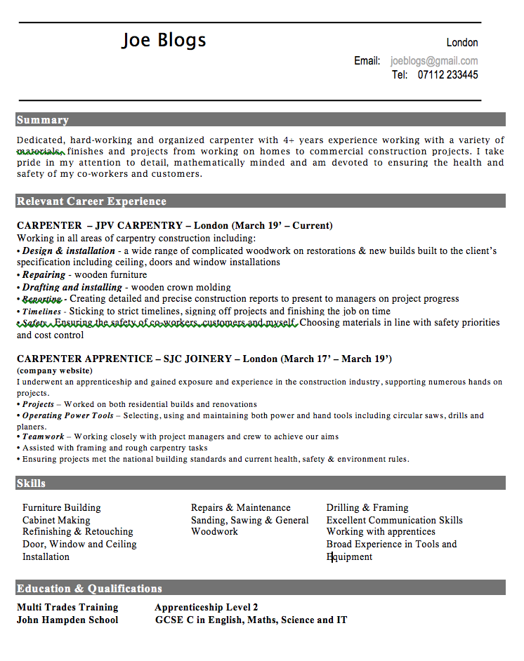 Carpenter CV Example - Carpenter Skills For Resume - Downloadable